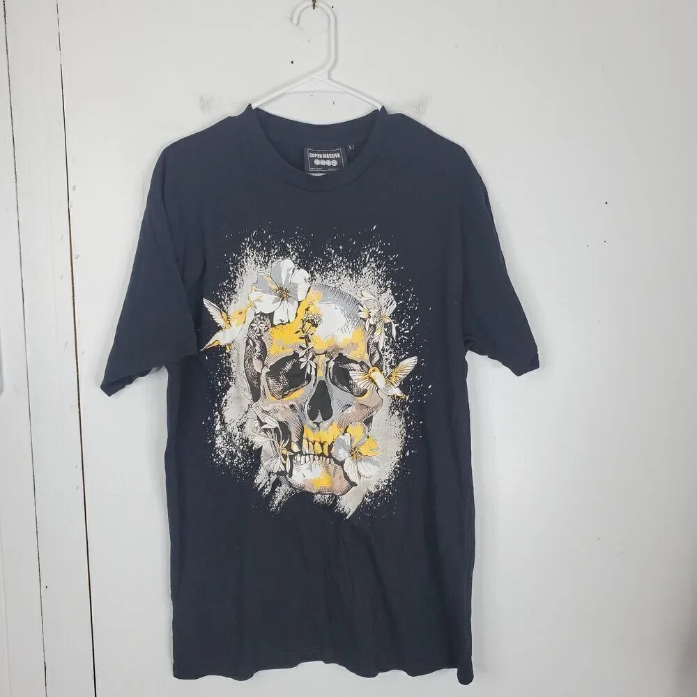 Super Massive T Shirt Floral Skull Graphic Western Cowgirl Womens L Statement